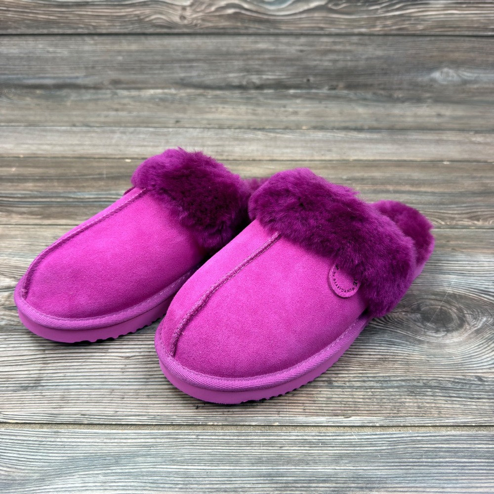 Fireside by Dearfoams Women 8 Slippers Magenta Genuine Shearling Suede NEW